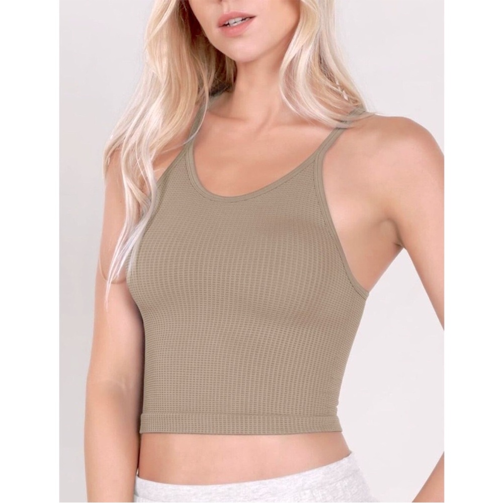 ODODOS Womens Crop Waffle Herringbone Knit Seamless Camisole Crop Tank M/L